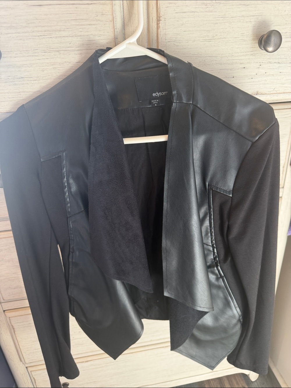 Black Faux Leather Open Front Blazer